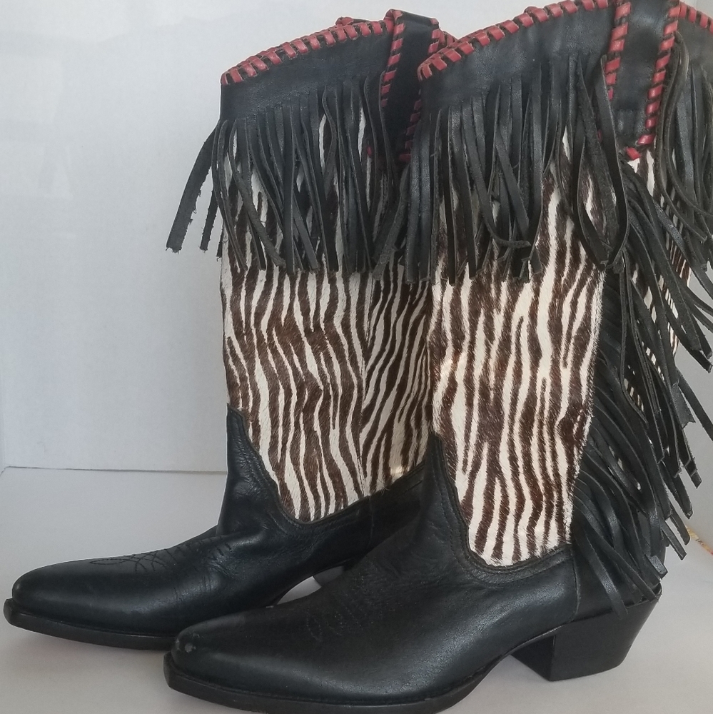 Black Fringe Cowhide Zebra Cowboy Boots